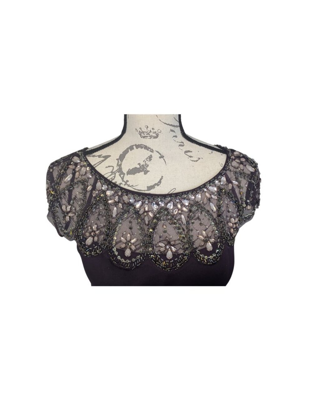 Xscape Plum Embellished Evening Gown Size 6P Beaded Illusion Neckline Maxi - Picture 6 of 9